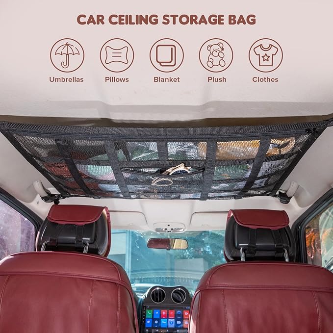 Kaskawise Upgrade Car Ceiling Cargo Net Pocket,31.5"x21.6" Double-Layer Car Roof Storage Organizer,Overhead Net for Truck,SUV & Van Camping,Travel Road Trips,Van Life Essentials
