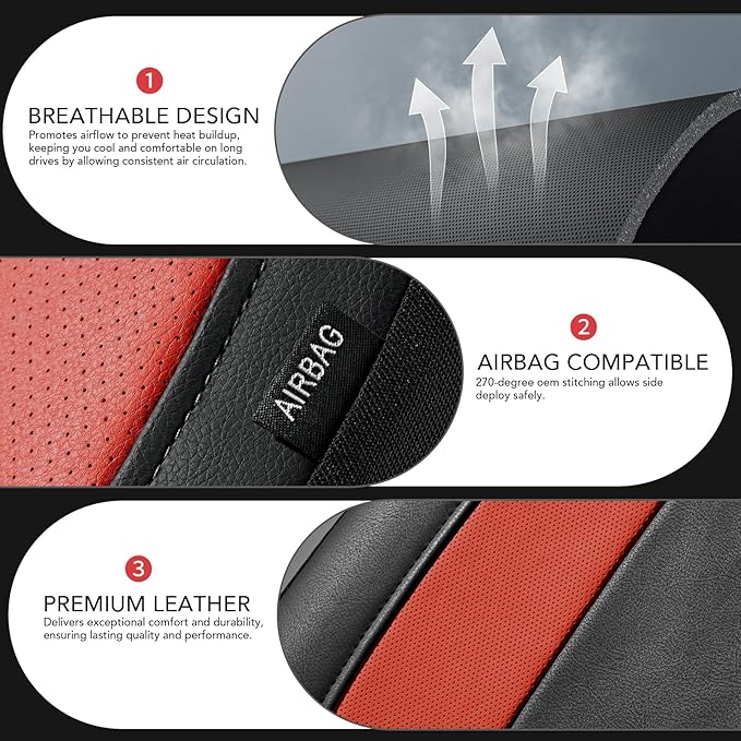 Road Comforts Car Seat Cover, Leather Seat Covers, Automotive High Back Front Car Seat Covers, Airbag Compatible, Universal Fit for Most Cars (Red)