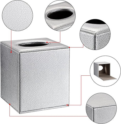 Sumnacon Tissue Box Cover Square Tissue Box Stylish PU Tissue Box Holder with Magnetic Bottom, Leather Cube Tissue Cover for Living Room Bathroom Bedroom Table Desk Home Office Car, Silver