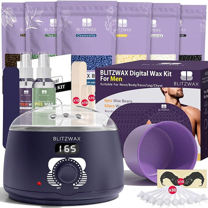 BLITZWAX Brazilian and Bikini Waxing Kit for Men, Hard Wax Warmer for Face, Legs, and Body, At Home Hair Removal Kit, Beginner Friendly, Quick Heating, 30 Nose Wax Sticks
