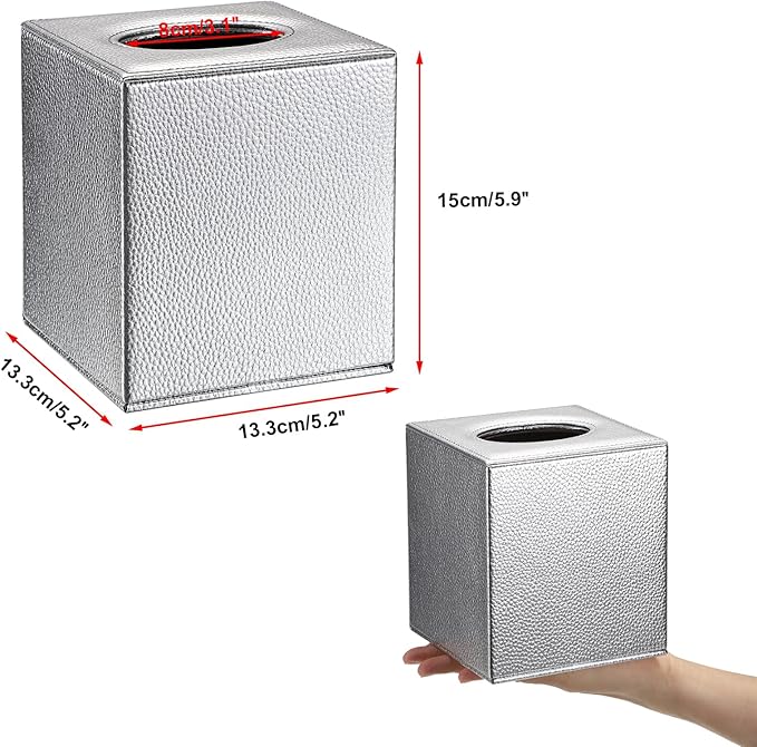 Sumnacon Tissue Box Cover Square Tissue Box Stylish PU Tissue Box Holder with Magnetic Bottom, Leather Cube Tissue Cover for Living Room Bathroom Bedroom Table Desk Home Office Car, Silver