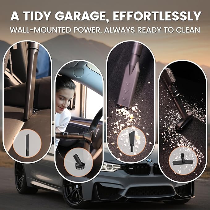 Giraffe Tools Grandstorm Retractable Vacuum Cleaner Wall-Mounted, Shop Wet Dry Vacuum Cleaner with 6 Nozzles for Car Detailing Remote Control Garage Vacuum, Grey