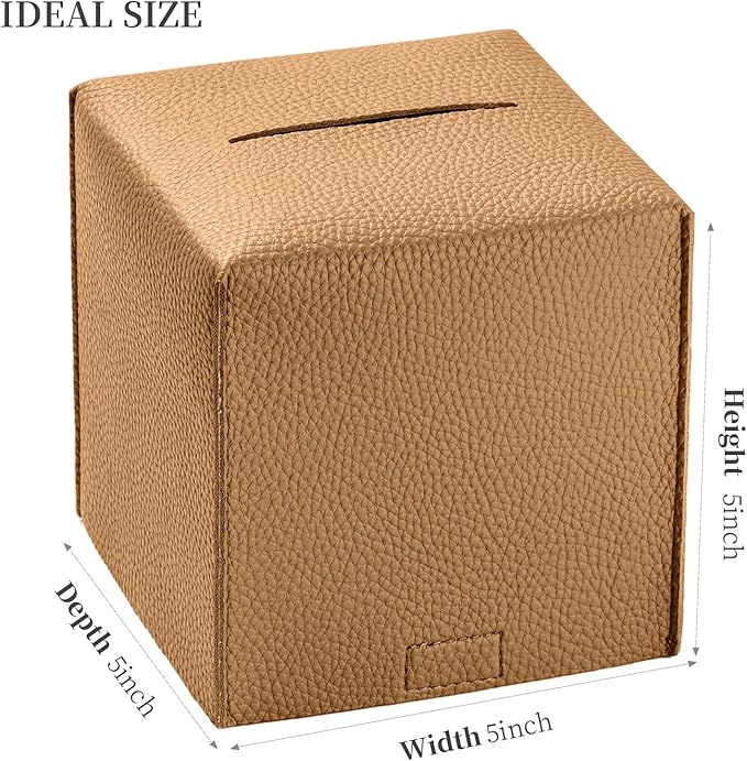 REGELETO Square Tissue Box Cover, Pu Leather Tissue Box Holder with Bottom Belt Modern Stylish Tissue Box Organizer for Bathroom, Bedroom, Hotel, Office Desk 5"X5"X5"