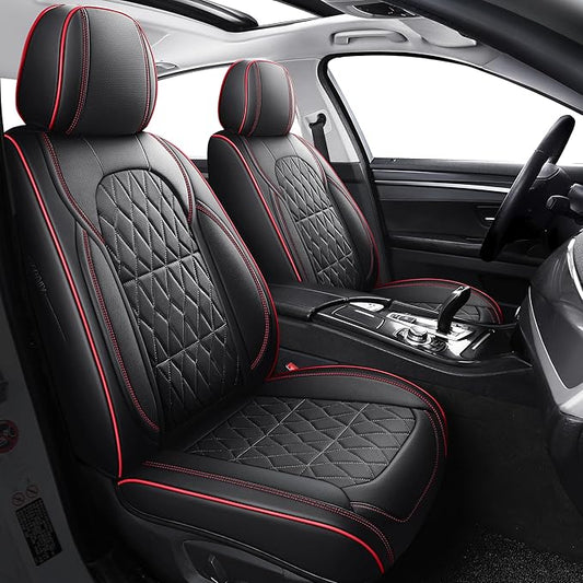 Aierxuan Leather Car Seat Covers Full Coverage Universal Fit Ford Focus Hyundai Elantra Honda Civic Toyota Corolla Nissan Murano Altima Rogue, Full Set, Black-Red