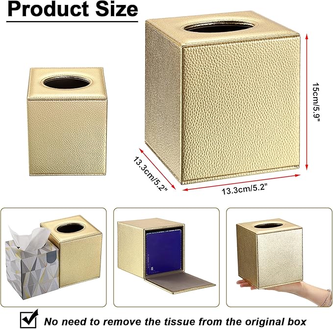 Sumnacon Tissue Box Cover Square Tissue Box Stylish PU Tissue Box Holder with Magnetic Bottom, Leather Cube Tissue Cover for Living Room Bathroom Bedroom Table Desk Home Office Car, Gold