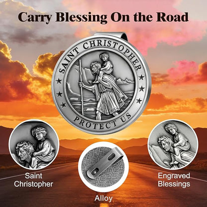 St Christopher Medal for Car 2 Pack, Metal Saint Christopher Visor Clip, Talisman for Safety, Automotive Visor Accessories, Gift for Drivers, Families, Friends