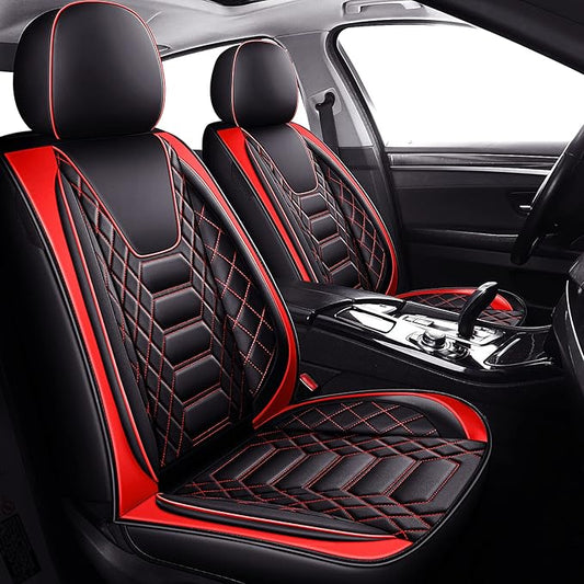 FREESOO Car Seat Covers Front Only 2pcs, Leather Driver Seat Cover Protector Airbag Compatible Universal Fit for Sedan SUV Pick-up Truck Van (Black Red 8-2PCS)
