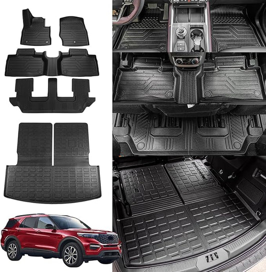 Rongtaod Floor Mats Compatible with 2020-2025 2026 Ford Explorer 7 Seats Cargo Mat Cargo Liner Trunk Liner Back Seat Cover Protector 2024 Explorer Accessories (Trunk Mat with Backrest Mat+Floor Mats)