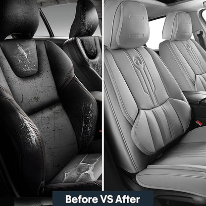 AOOG Front Seat Covers, Car Seat Covers Front Seats, Leather Seat Covers for Cars, Waterproof Seat Covers with Lumbar Support Universal Fit for Most Cars SUV Trucks(Front Pair, Grey)