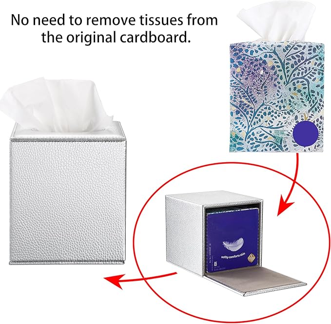 Sumnacon Tissue Box Cover Square Tissue Box Stylish PU Tissue Box Holder with Magnetic Bottom, Leather Cube Tissue Cover for Living Room Bathroom Bedroom Table Desk Home Office Car, Silver