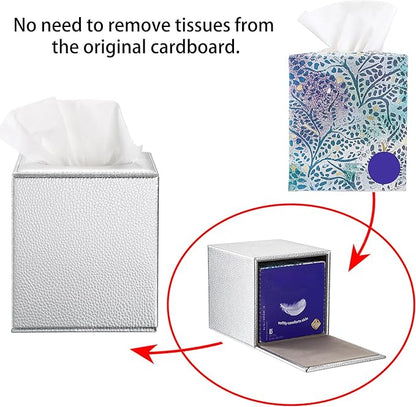 Sumnacon Tissue Box Cover Square Tissue Box Stylish PU Tissue Box Holder with Magnetic Bottom, Leather Cube Tissue Cover for Living Room Bathroom Bedroom Table Desk Home Office Car, Silver
