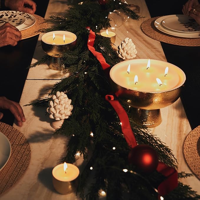 2025 Gold Holiday Candle | Festive - Noble Fir & Amber (Giant), Refillable Wellness, Essential Oil, Sustainable, Hand Finished and Poured, Premium, Luxury Ceramic, Natural Cotton Wick, Soy-Wax Blend