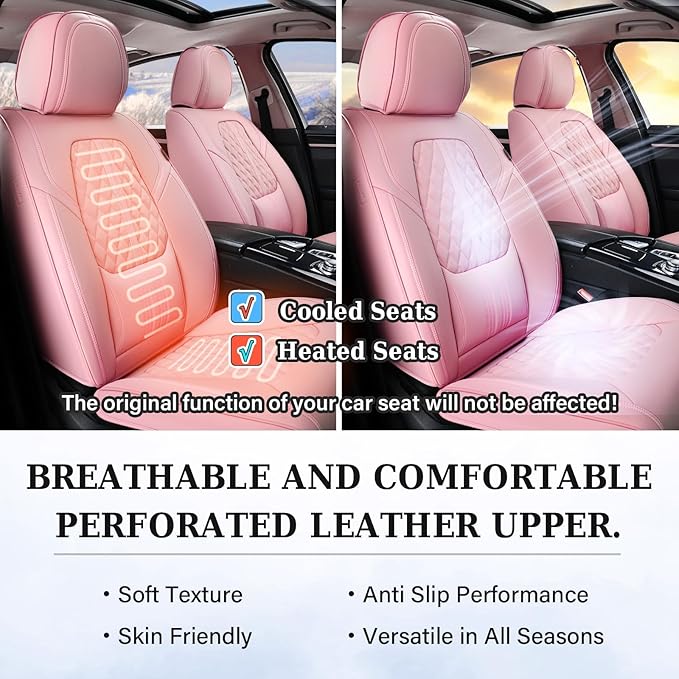 Coverado Seat Covers, Car Front Seat Covers with Backrest, Nappa Leather Car Seat Protectors,Waterproof &Breathable,Anti-Slip Automotive Seat Cushion, Universal Fit for Most Vehicles Pink