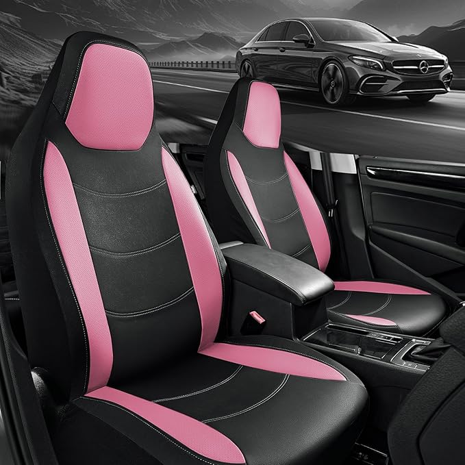 Road Comforts Car Seat Cover, Leather Seat Covers, Automotive High Back Front Car Seat Covers, Airbag Compatible, Universal Fit for Most Cars (Pink)