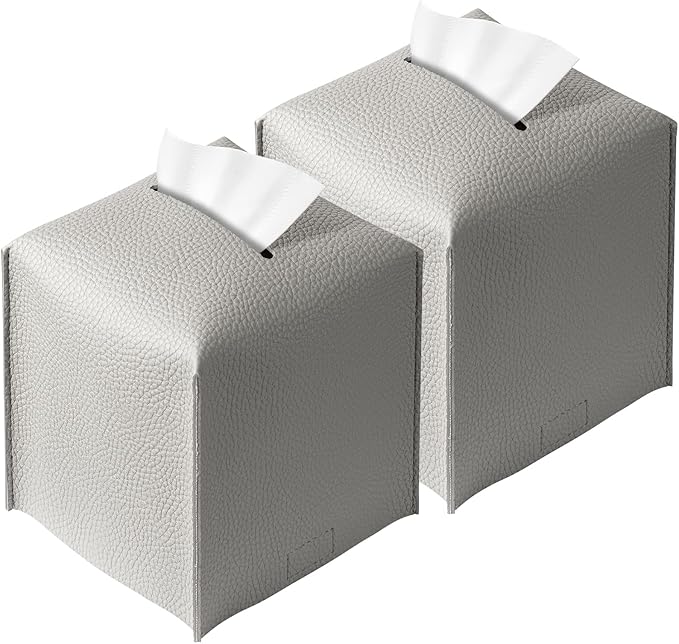REGELETO 2 Pack Grey Tissue Box Cover, Pu Leather Square Tissue Box Holder with Bottom Belt Modern Style Tissue Box Organizer for Home, Car, Hotel, Office 5"X5"X5" (Grey-2Pack)