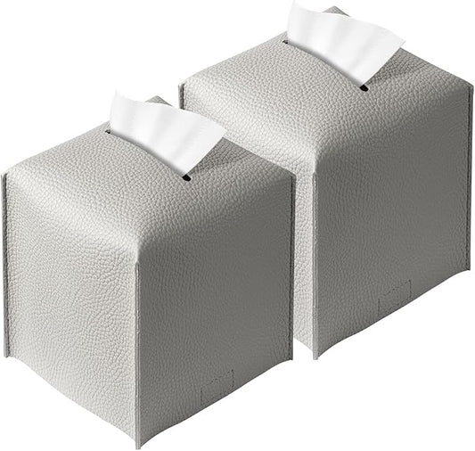 REGELETO 2 Pack Grey Tissue Box Cover, Pu Leather Square Tissue Box Holder with Bottom Belt Modern Style Tissue Box Organizer for Home, Car, Hotel, Office 5"X5"X5" (Grey-2Pack)
