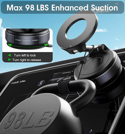 2026 Upgraded Vacuum Magnetic Car Phone Holder 360° Reinforced 96LBS Ultra Suction Cup Phone Mount for MagSafe Cell Phone Holders for Your Car/Gym/Mirror Mount for iPhone & Android