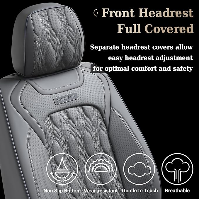 Coverado Car Seat Cover Full Set, Front and Back Seat Covers for Cars, 5 Seats Luxury Leather Seat Covers, Waterproof Car Seat Protectors, Driver Seat Cushions Fit for Most Vehicles, Gray