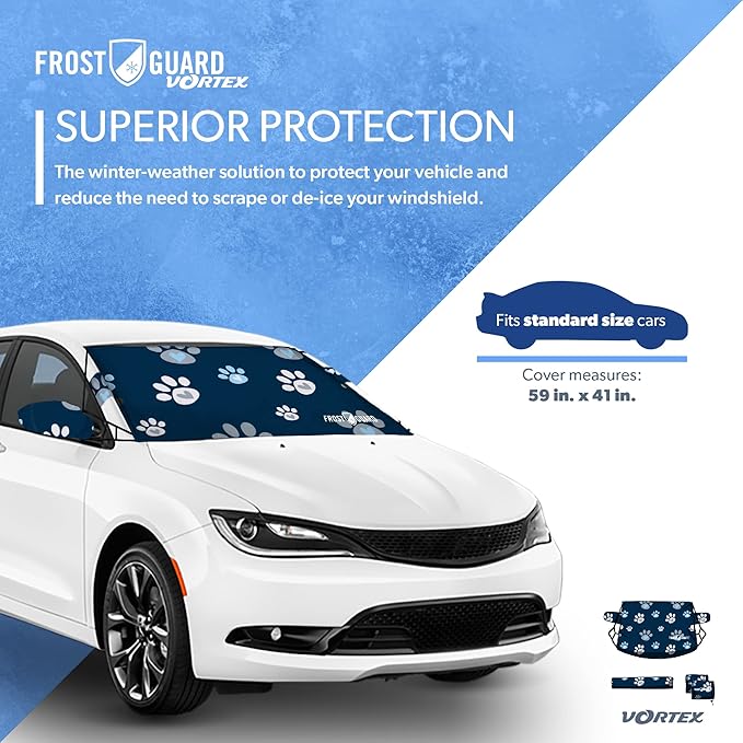 FrostGuard Vortex | Full-Coverage Car Windshield Cover for Ice and Snow, Standard Size (Puppy Paws) - Wiper Blade + Side Mirror Covers - Fit-Fast Straps, Security Panels + Storage Pouch - 59x41 Inches