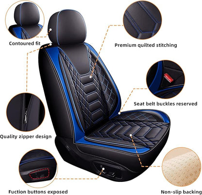 FREESOO Car Seat Covers Front Only 2pcs, Leather Driver Seat Cover Protector Airbag Compatible Universal Fit for Sedan SUV Pick-up Truck Van (Black Blue 8-2PCS)