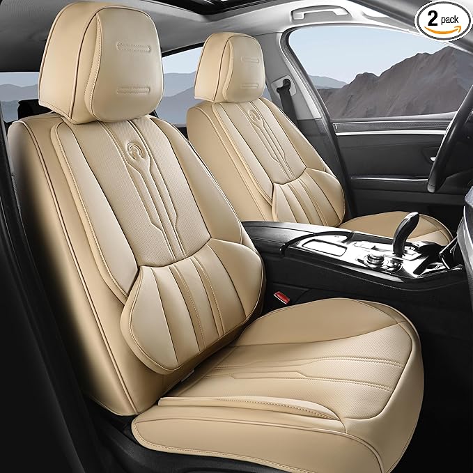 AOOG Front Seat Covers, Car Seat Covers Front Seats, Leather Seat Covers for Cars, Waterproof Seat Covers with Lumbar Support Universal Fit for Most Cars SUV Trucks(Front Pair, Beige)