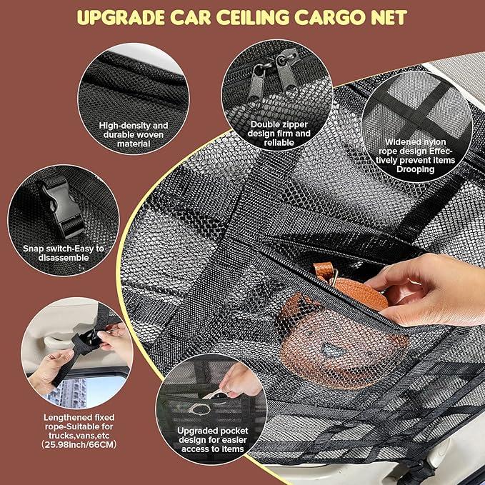Kaskawise Upgrade Car Ceiling Cargo Net Pocket,31.5"x21.6" Double-Layer Car Roof Storage Organizer,Overhead Net for Truck,SUV & Van Camping,Travel Road Trips,Van Life Essentials