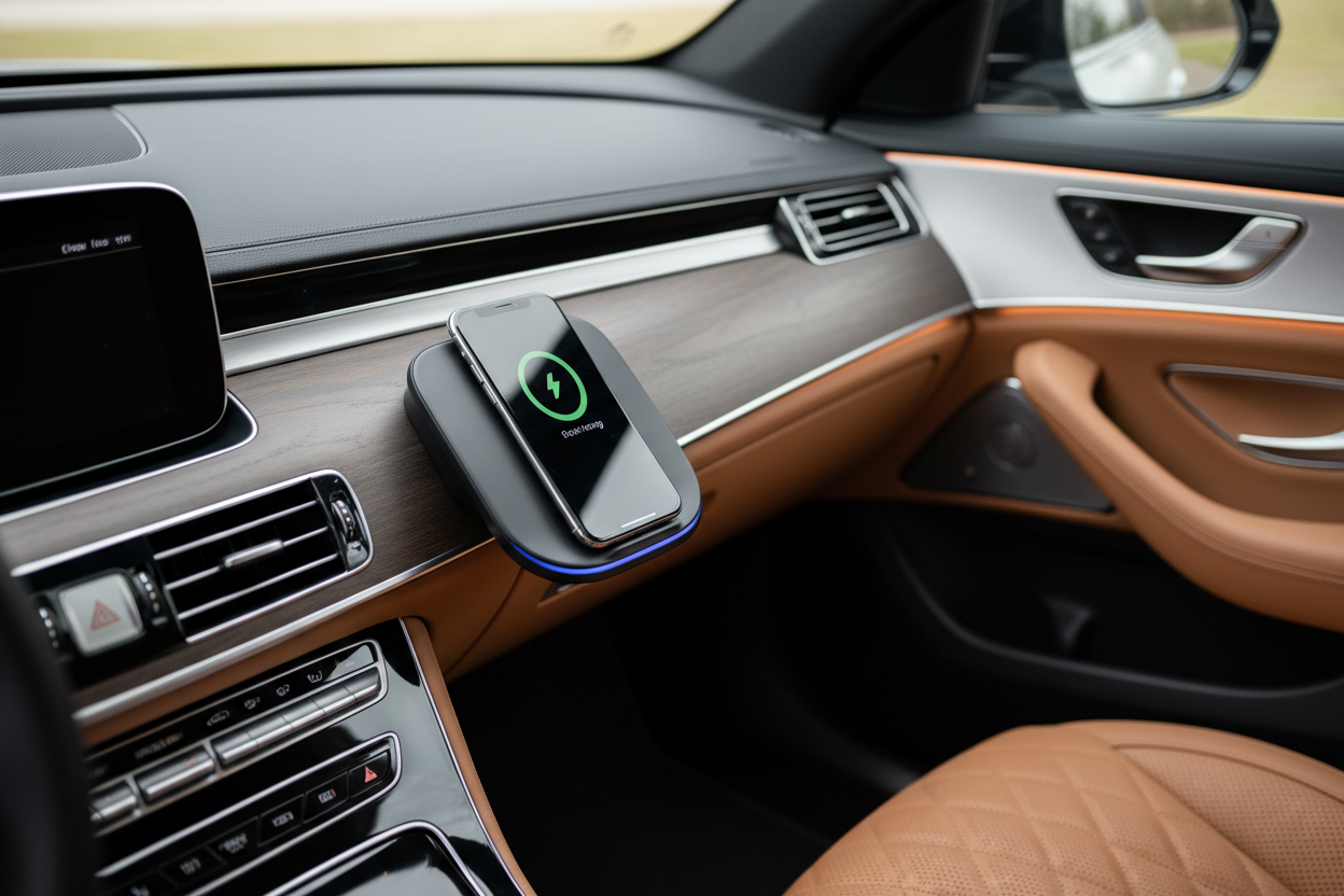 Wireless Charging Dock – Subtle Elegance

Stay powered on the go with our Wireless Charging Dock. Designed for effortless integration with your car’s interior, it combines function and understated style. Compatible with most smartphones, it offers fast charging while keeping your dashboard clutter-free. (make it real photo0